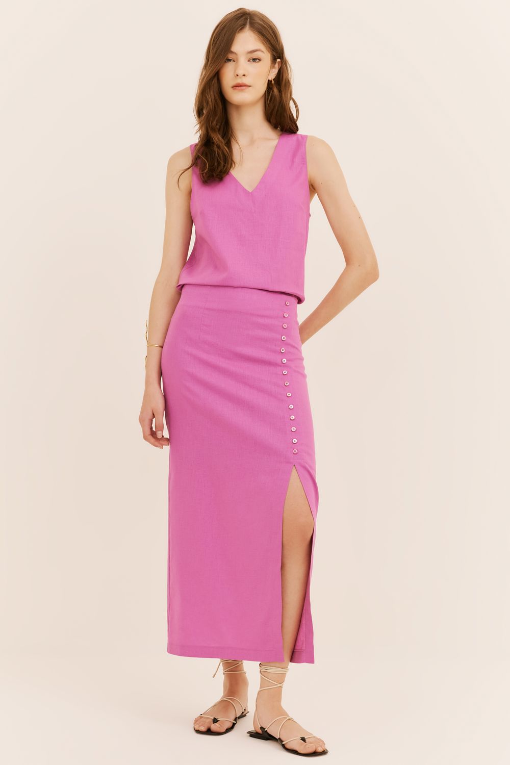 SAIA COM LINHO BOTÕES - ROSA PP - ROSA SAIA COM LINHO BOTÕES - ROSA PP - ROSA