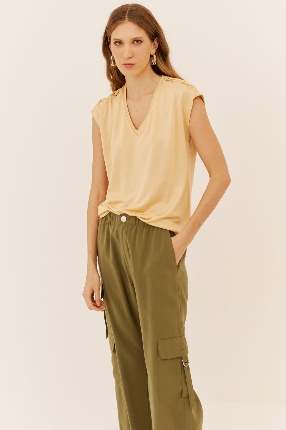 BLUSA MALHA ILHOES TRANÇA OMBRO - AMARELO M - AMARELO