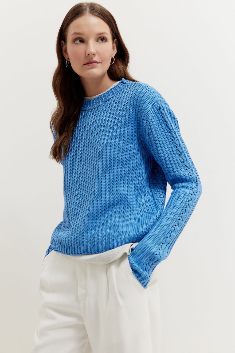 BLUSA TRICOT MANGA TRANÇADA - AZUL M - AZUL