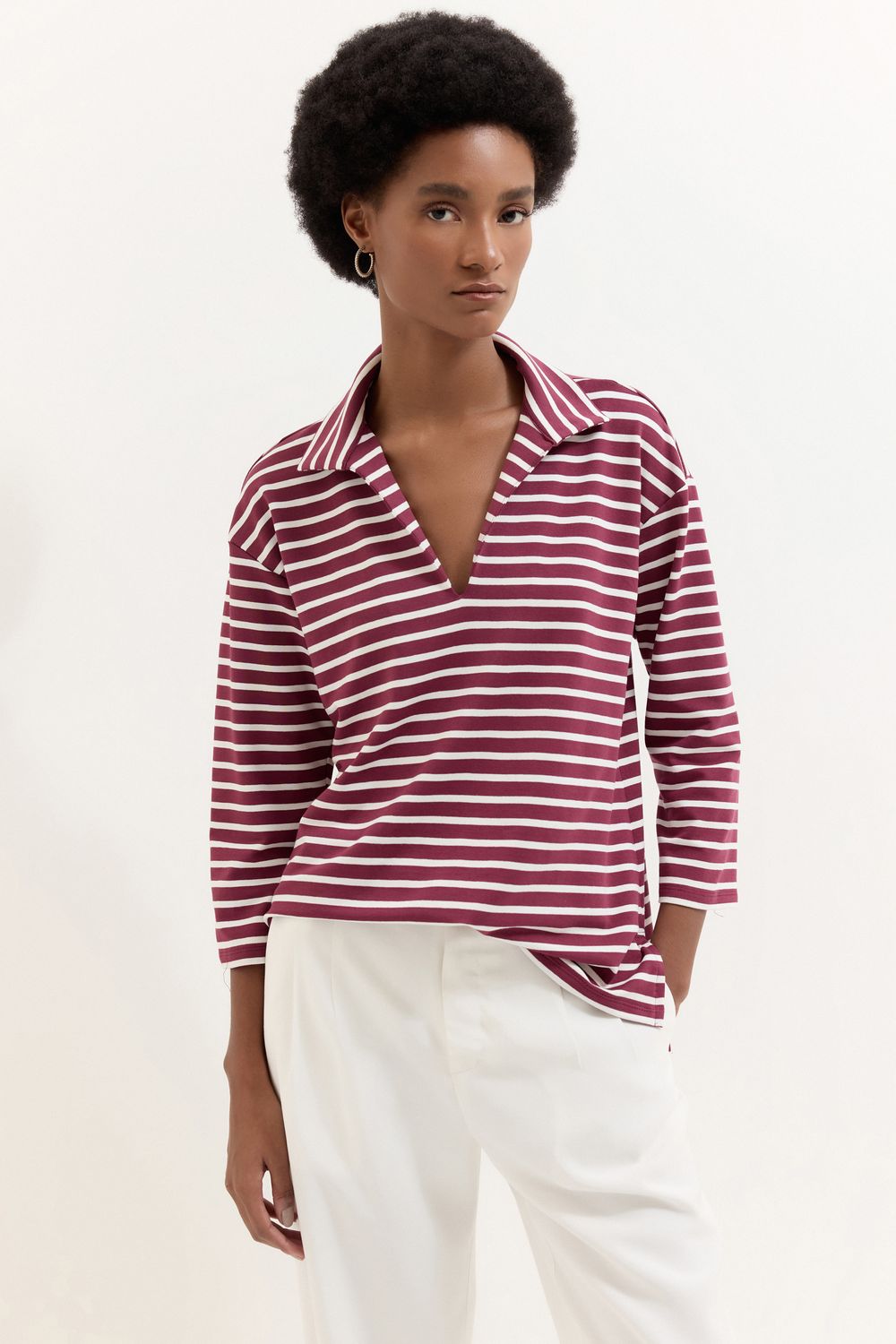 BLUSA MALHA MOLETON POLO LISTRADA - VINHO M - VINHO