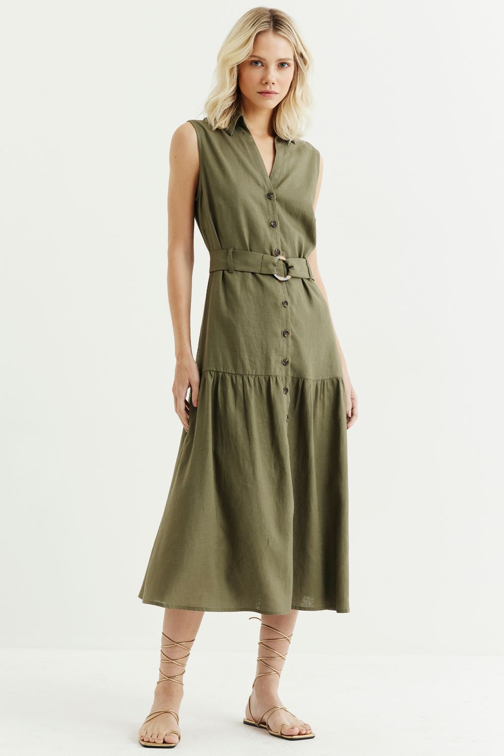 VESTIDO COM LINHO RESORT - VERDE M - VERDE