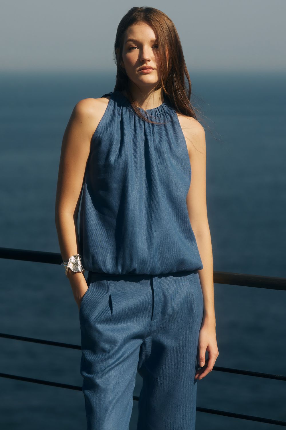 TOP COM LINHO SOFT ELASTICO - AZUL G - AZUL