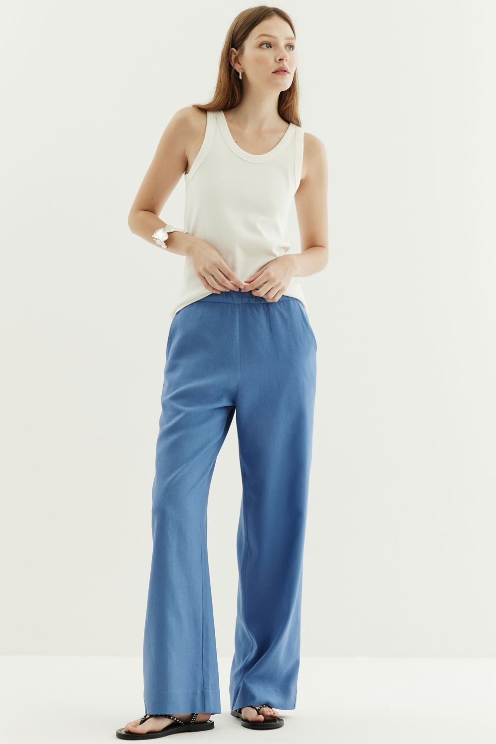 CALÇA COM LINHO RETA - AZUL P - AZUL
