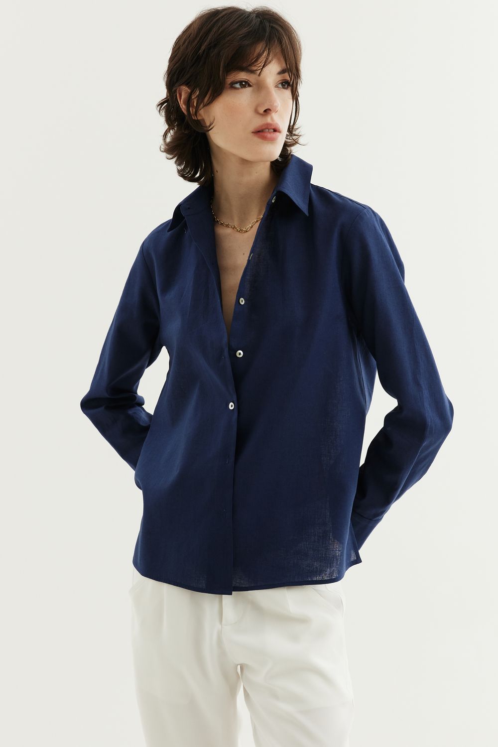 CAMISA LINHO COM ALGODÃO - AZUL MARINHO M - AZUL MARINHO