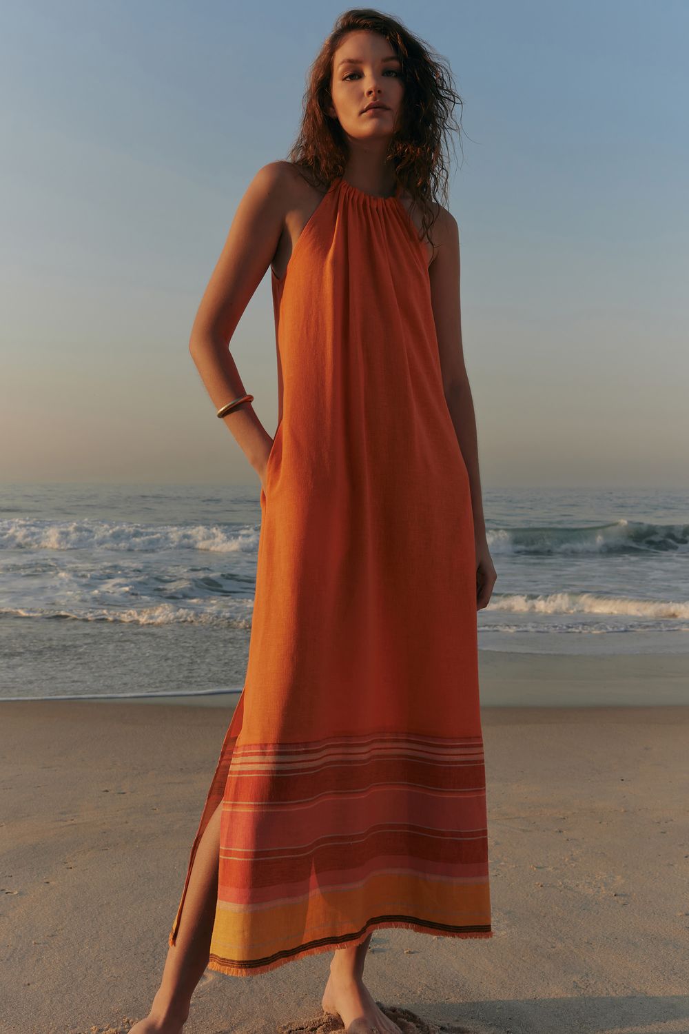 VESTIDO COM LINHO BARRA TEAR - LARANJA P - LARANJA