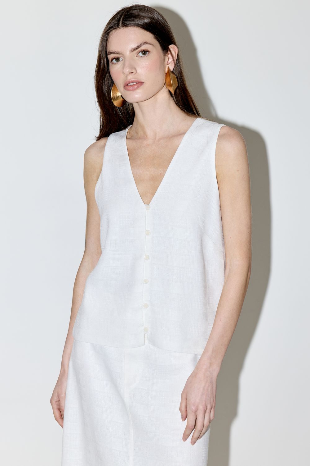 TOP COM LINHO DOBBY BOTÕES - OFF WHITE G - OFF WHITE