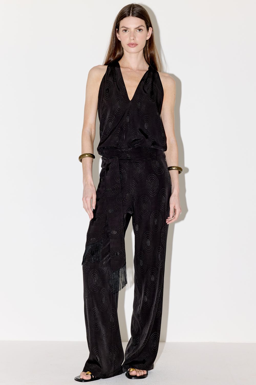 CALÇA JACKARD COM FAIXA FRANJA - PRETO PP - PRETO CALÇA JACKARD COM FAIXA FRANJA - PRETO PP - PRETO