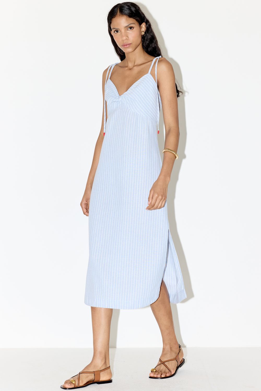 VESTIDO COM LINHO LISTRADO BUSTIER - AZUL G - AZUL