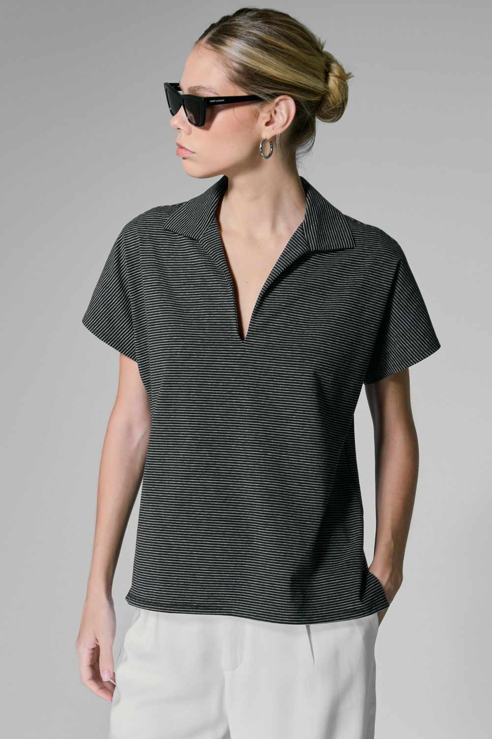 BLUSA MALHA COTTON POLO LISTRADA - PRETO P - PRETO