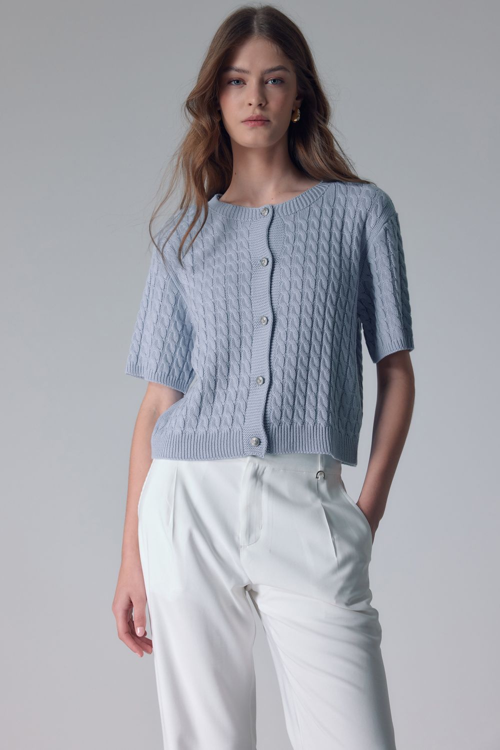 BLUSA TRICOT TRANÇAS BOTÕES - AZUL M - AZUL