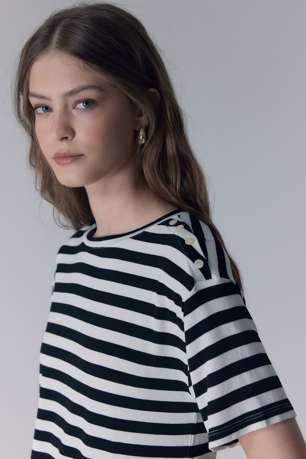 BLUSA MALHA TRICOT LISTRADA BOTÕES - PRETO M - PRETO