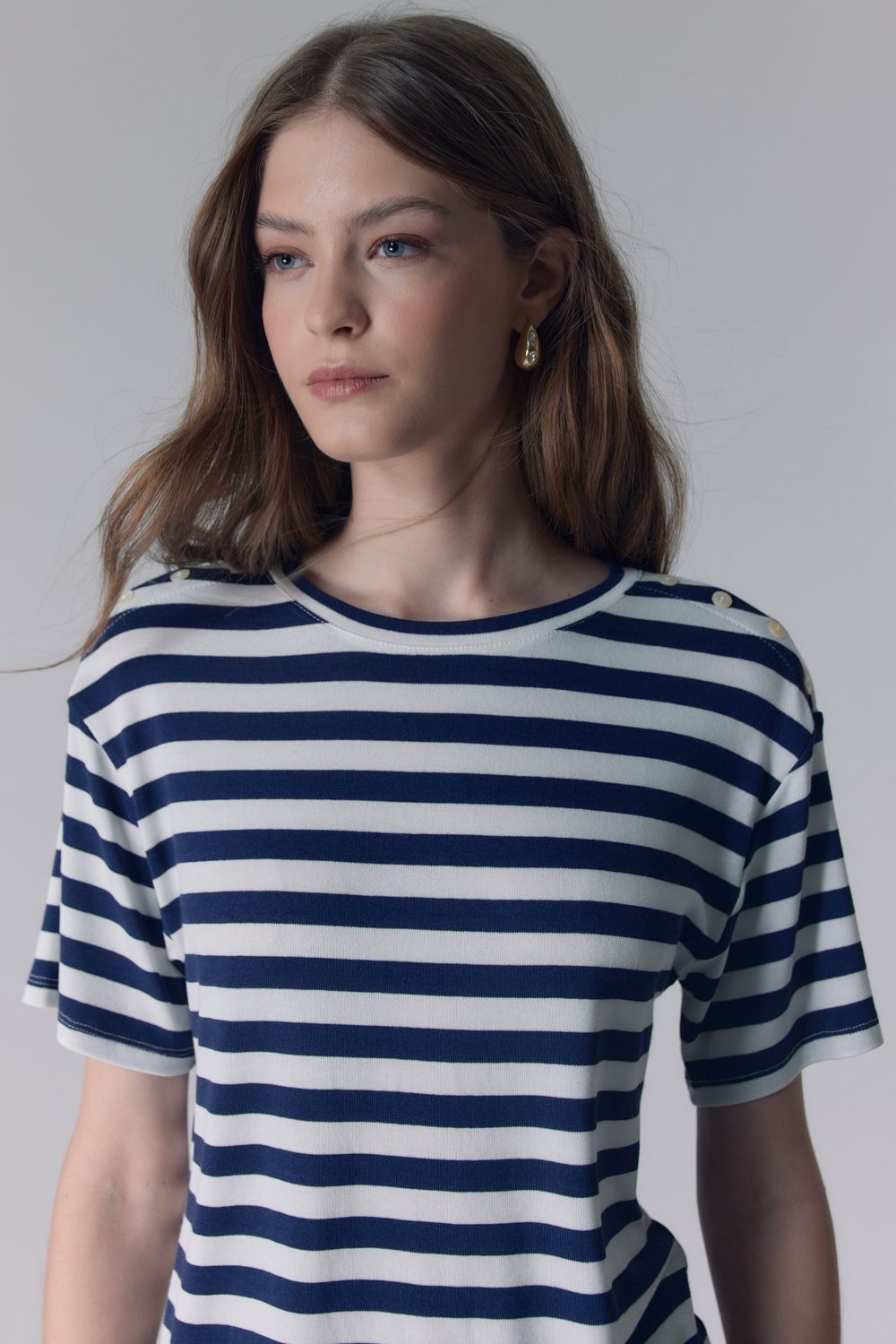 BLUSA MALHA TRICOT LISTRADA BOTÕES - AZUL MARINHO M - AZUL MARINHO