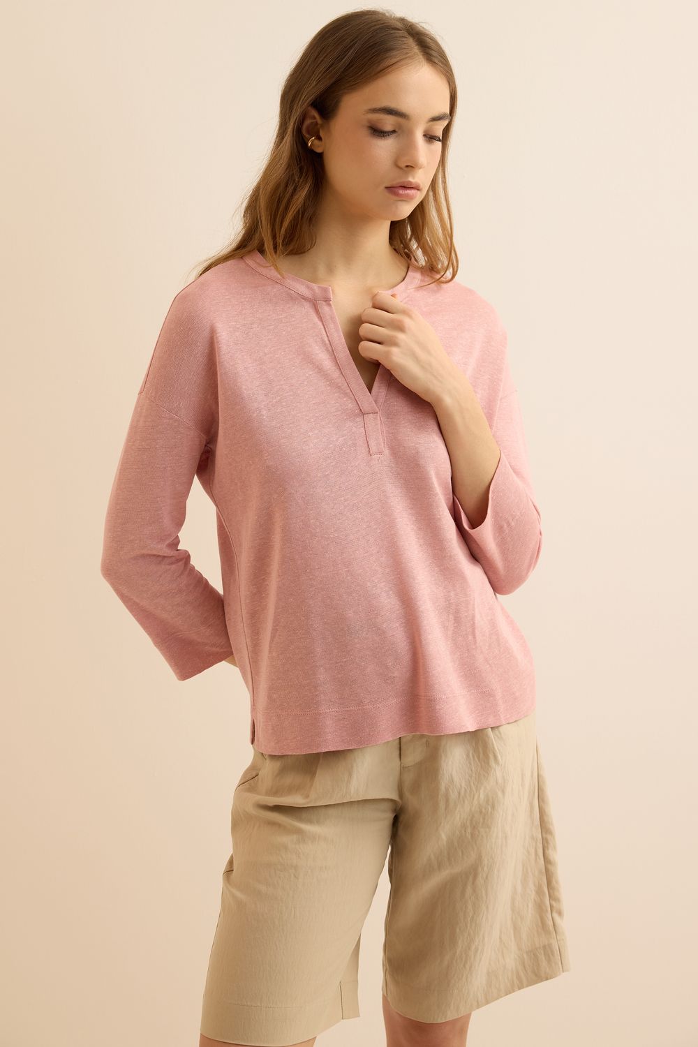 Blusa Malha Linho Com Pate - ROSA P - ROSA