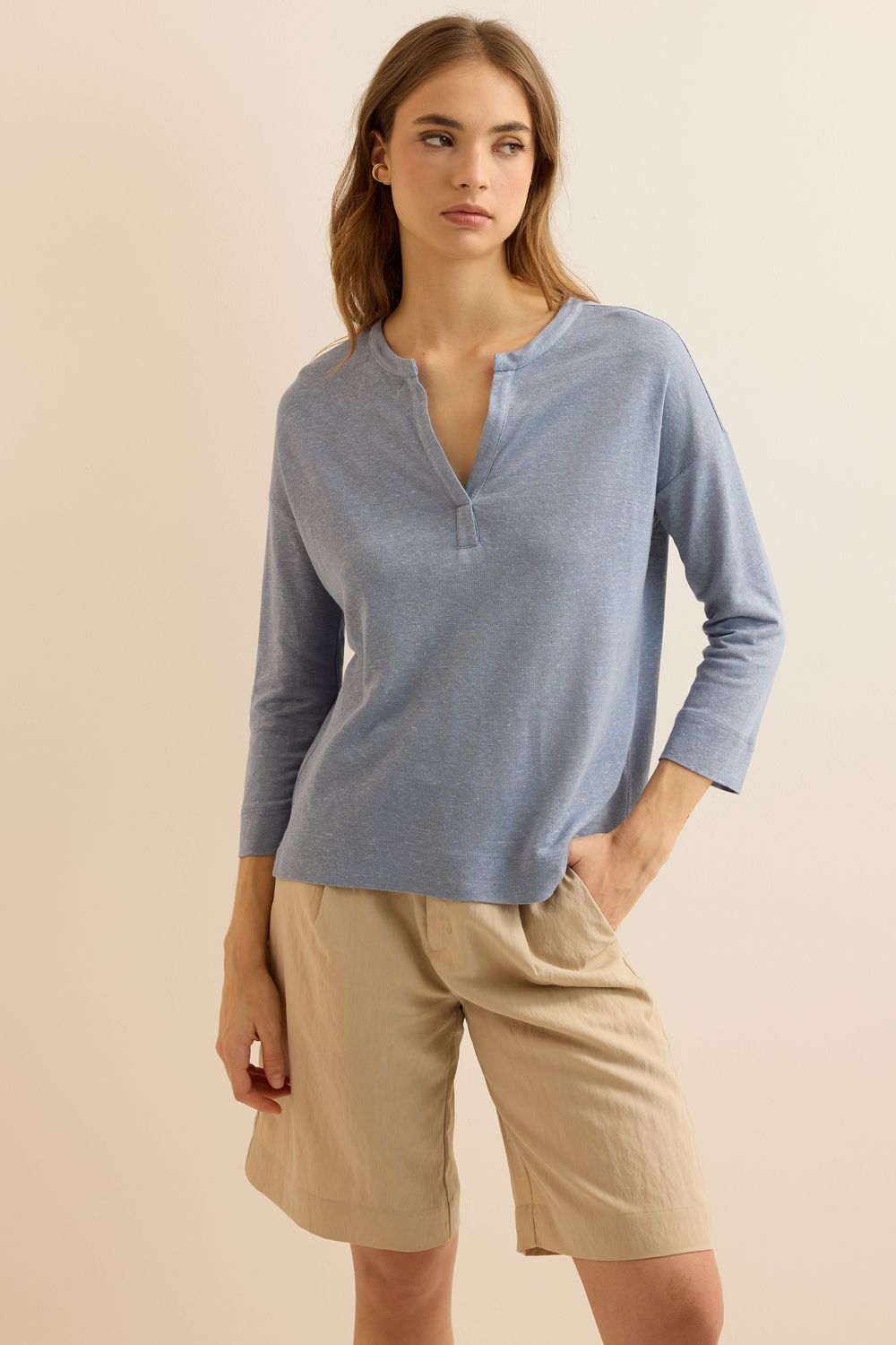 Blusa Malha Linho Com Pate - AZUL P - AZUL