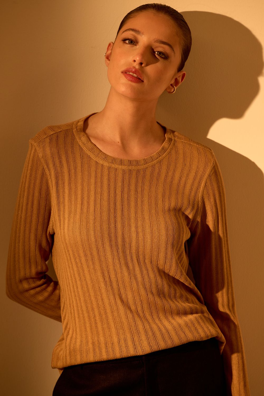 Blusa Malha Tricot Canelada - CAQUI P - CAQUI