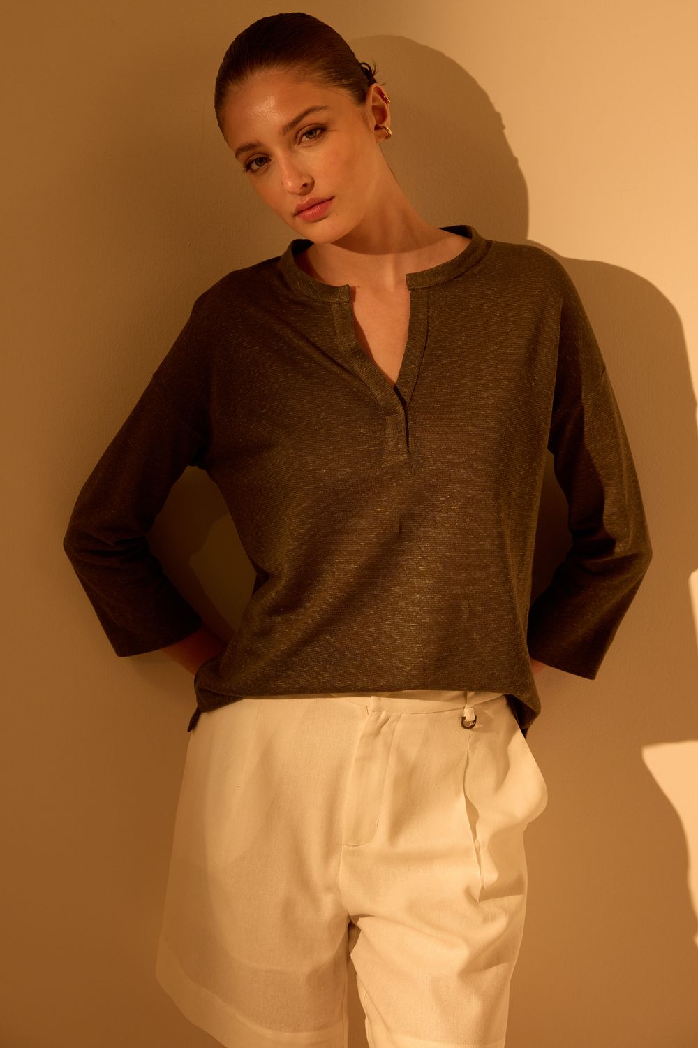 Blusa Malha Linho Com Pate - VERDE P - VERDE