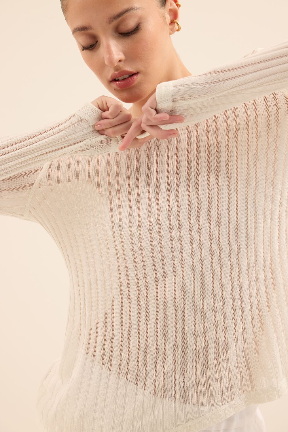 Blusa Malha Tricot Canelada - OFF WHITE P - OFF WHITE