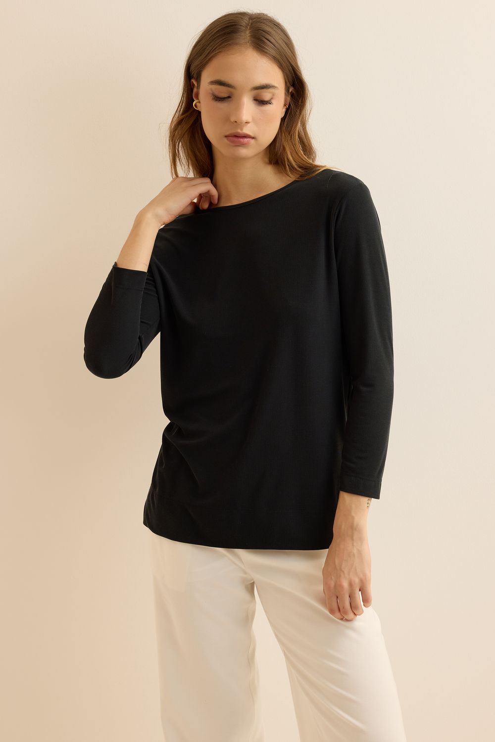 Blusa Malha Modal Canelada - PRETO P - PRETO