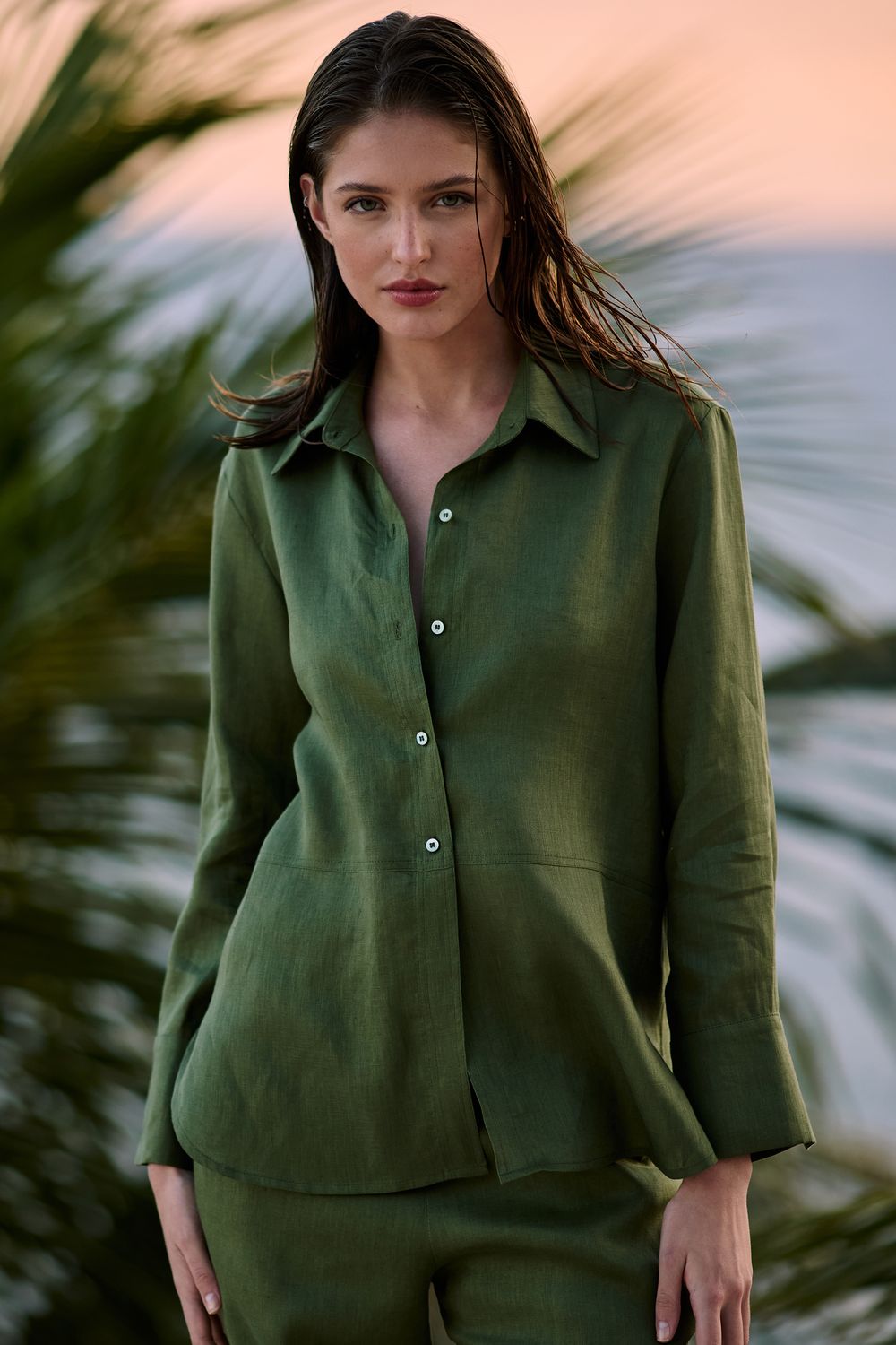 Camisa 100% Linho Recortes - VERDE G - VERDE