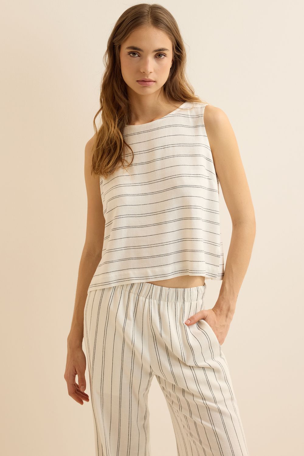 Top Com Linho Listrado - OFF WHITE G - OFF WHITE