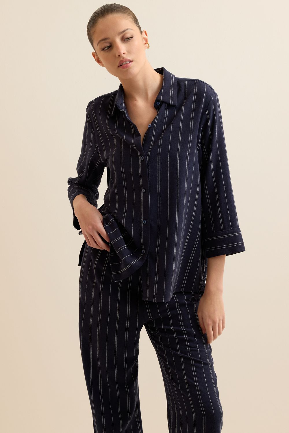 Camisa Com Linho Listrado 7/8 - AZUL MARINHO G - AZUL MARINHO Camisa Com Linho Listrado 7/8 - AZUL MARINHO G - AZUL MARINHO