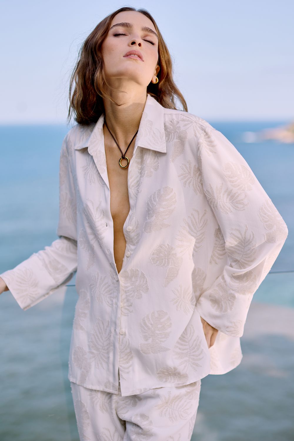 Camisa Jackard Folha Com Linho - OFF WHITE PP - OFF WHITE