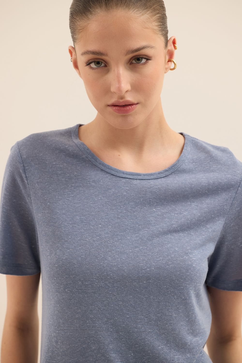 Blusa Malha Com Linho Básica - AZUL CLARO P - AZUL CLARO
