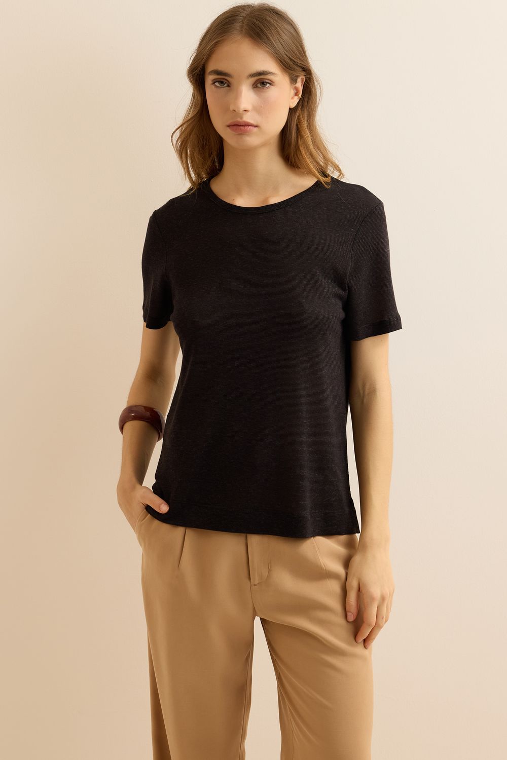 Blusa Malha Com Linho Básica - PRETO P - PRETO