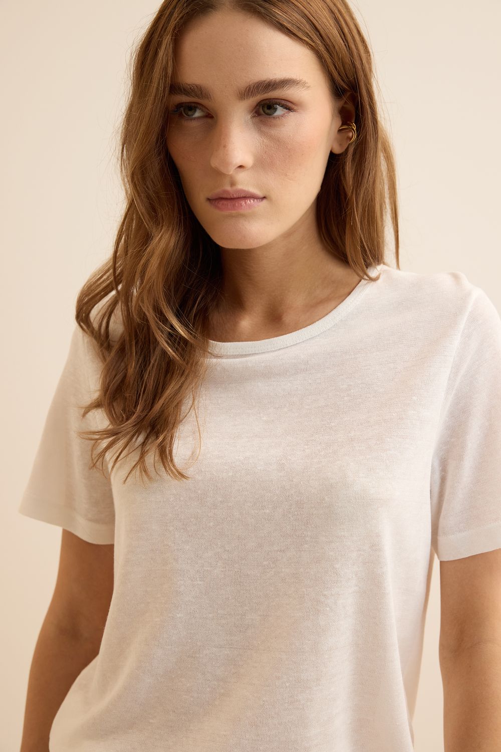 Blusa Malha Com Linho Básica - OFF WHITE M - OFF WHITE