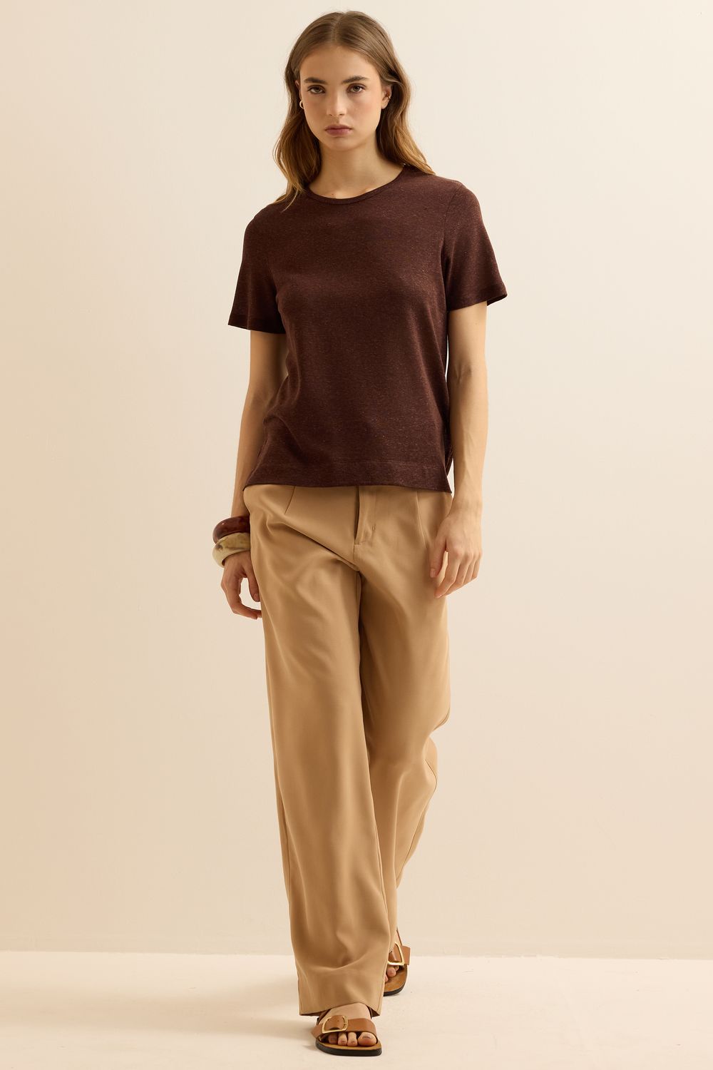 Blusa Malha Com Linho Básica - MARROM M - MARROM