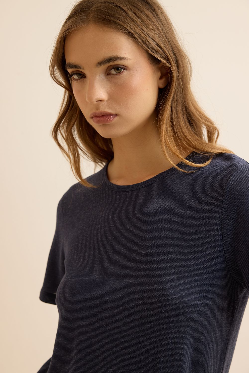 Blusa Malha Com Linho Básica - AZUL MARINHO P - AZUL MARINHO Blusa Malha Com Linho Básica - AZUL MARINHO P - AZUL MARINHO