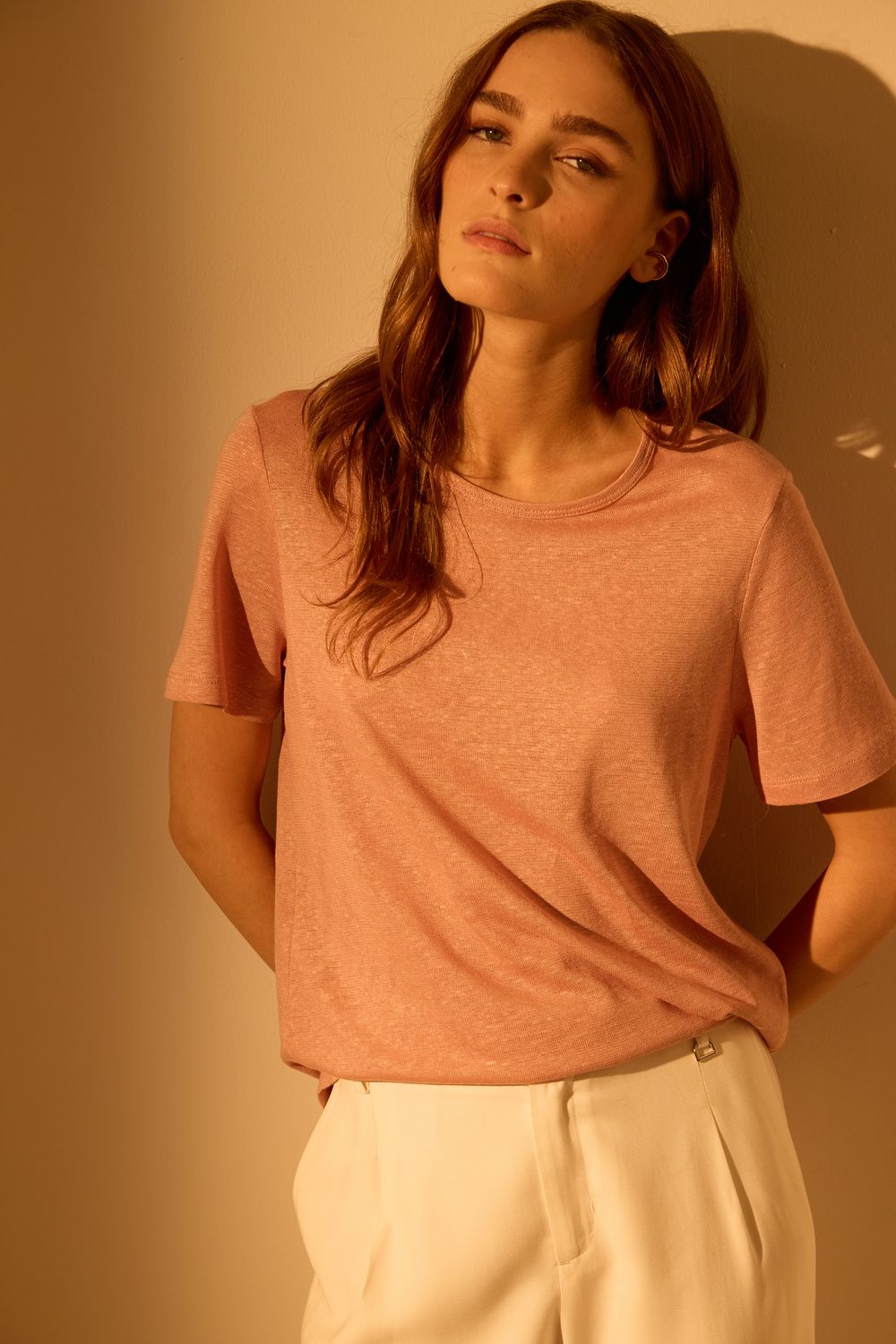 Blusa Malha Com Linho Básica - ROSA P - ROSA