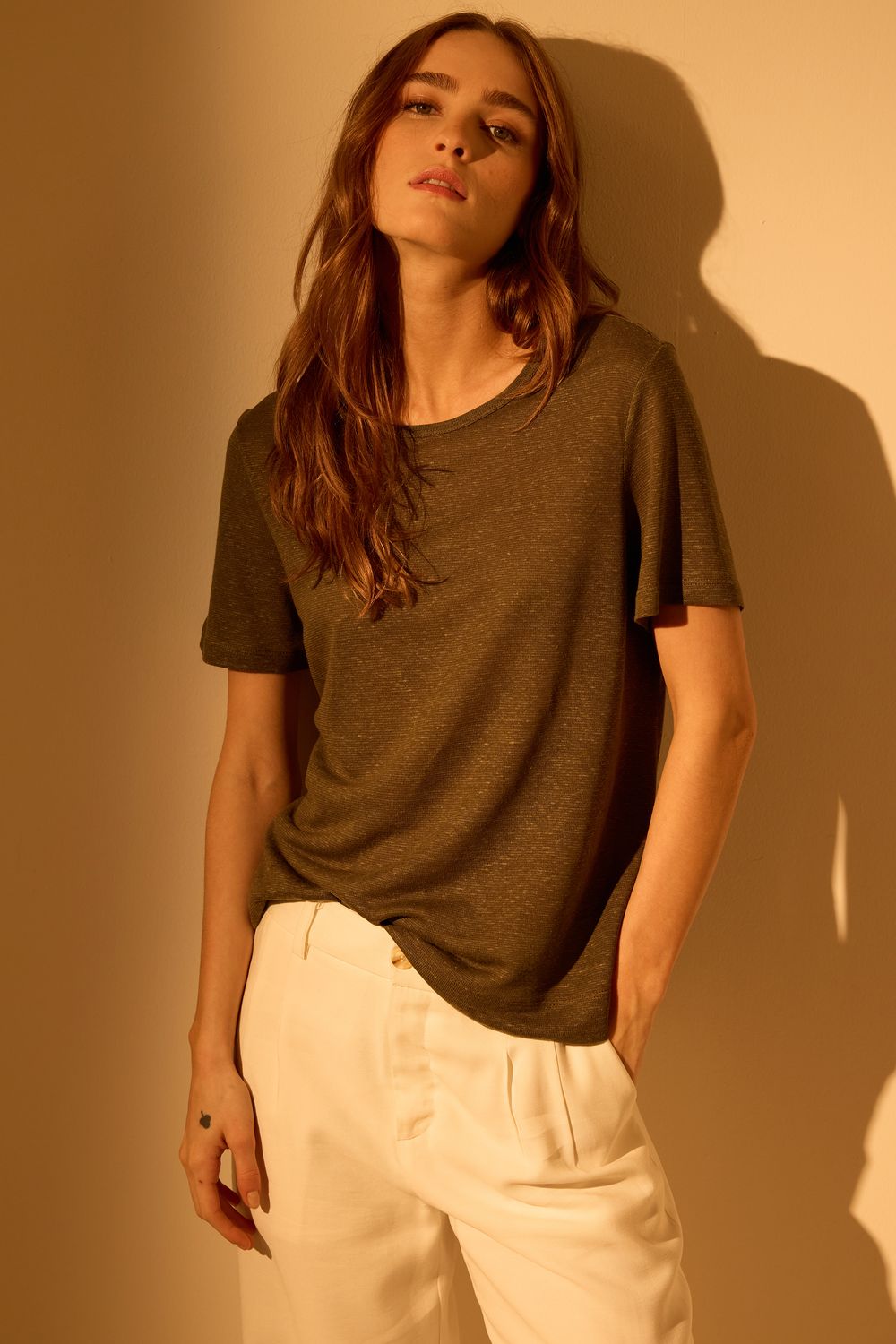 Blusa Malha Com Linho Básica - VERDE M - VERDE