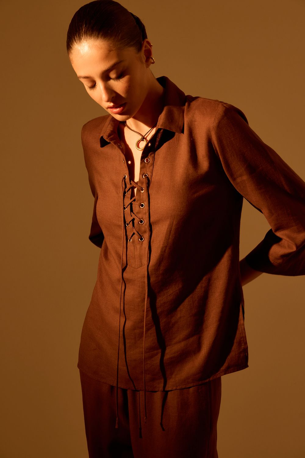 Camisa com Linho Navy Trançada - MARROM M - MARROM