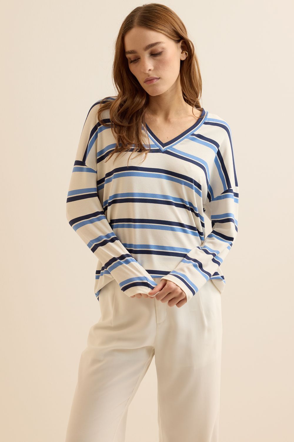 Blusa Malha Listra V Navy - AZUL P - AZUL
