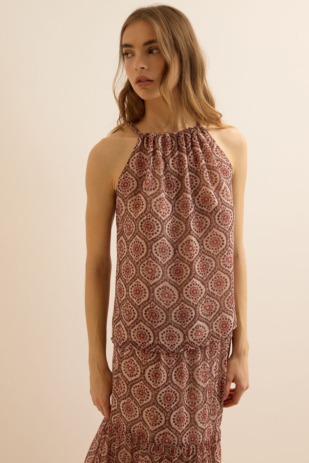 Blusa Estampa Vitraux fluido - MARROM M - MARROM