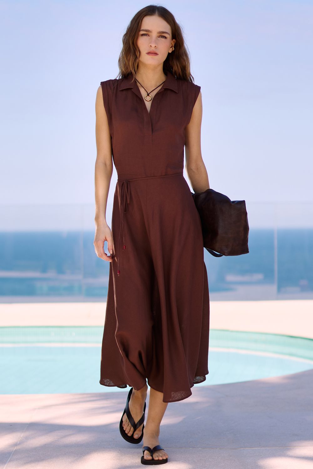 Vestido Com Linho Casa Blanca II - MARROM M - MARROM