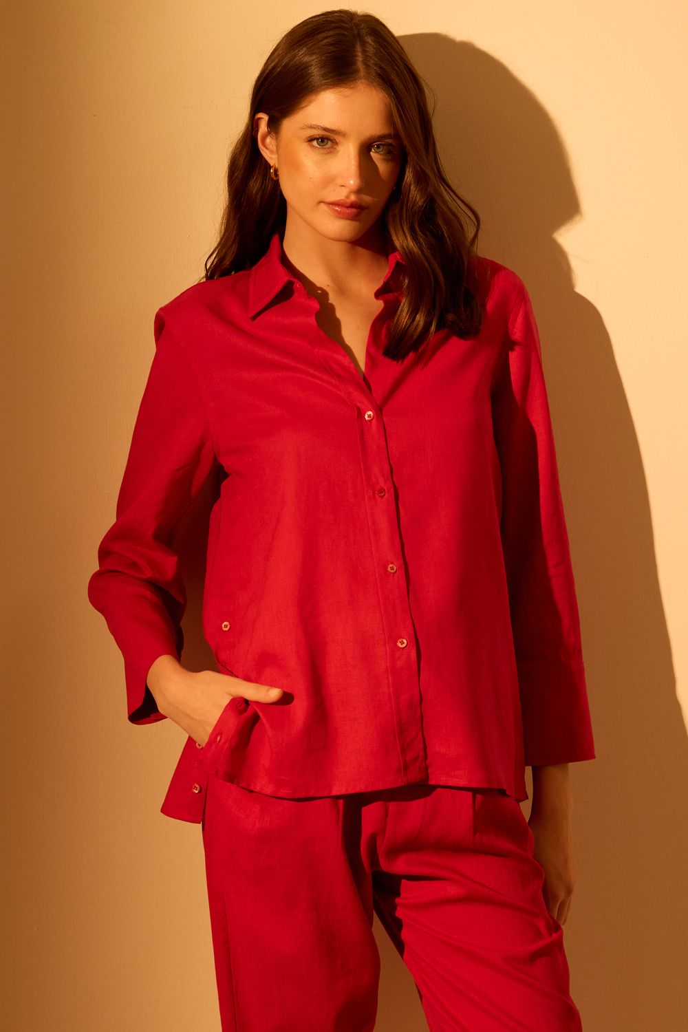 Camisa Com Linho Botões Laterais Colour - PINK P - PINK Camisa Com Linho Botões Laterais Colour - PINK P - PINK