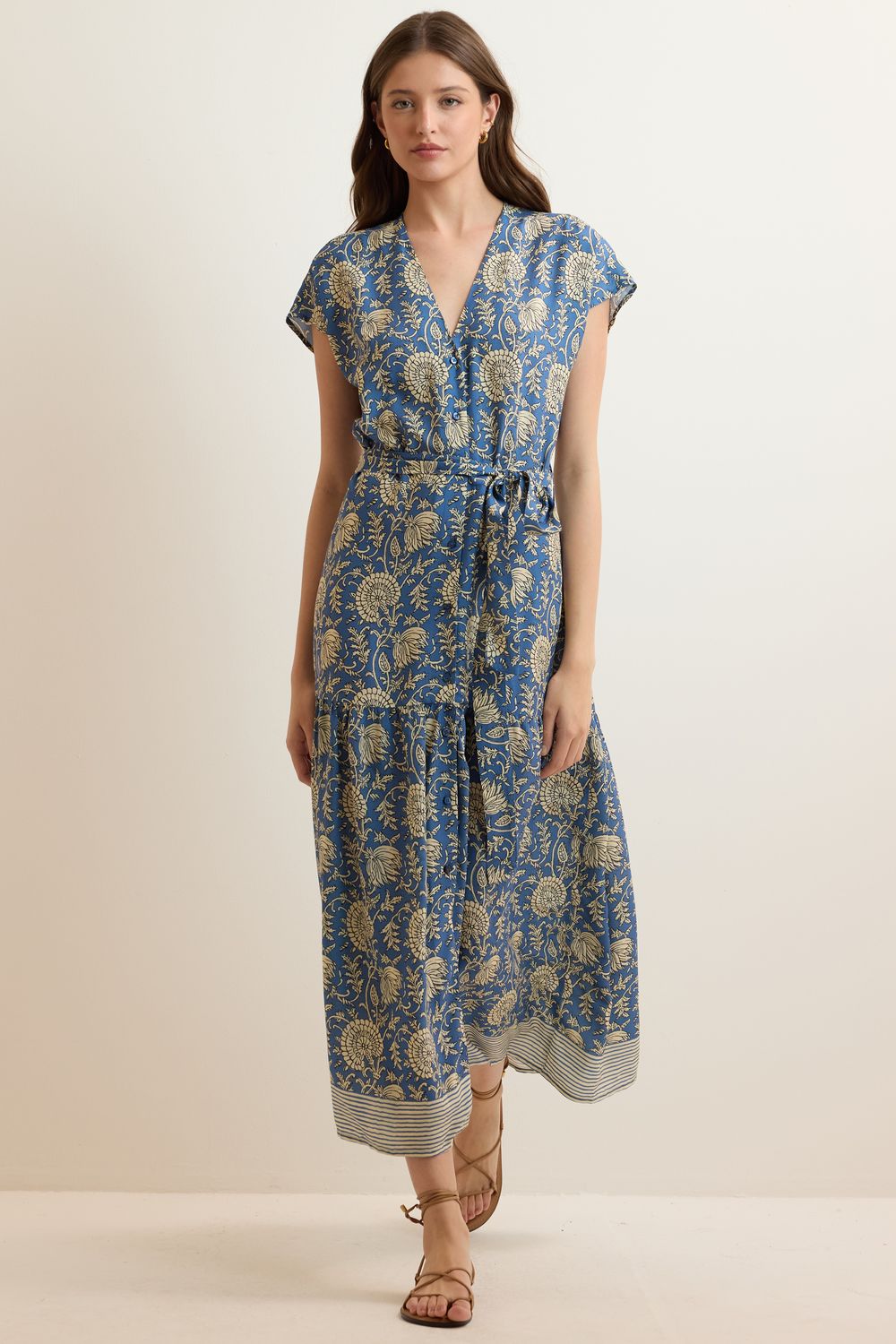 Vestido Estampa Flores Barra Listrada - AZUL G - AZUL