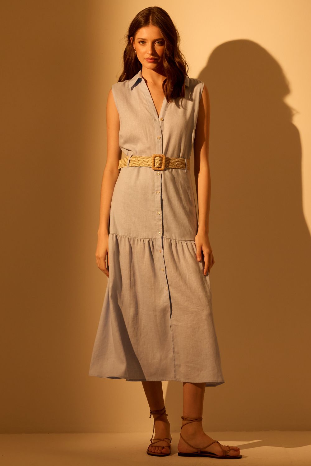 Vestido Com Linho Nassau e Cinto - AZUL PP - AZUL