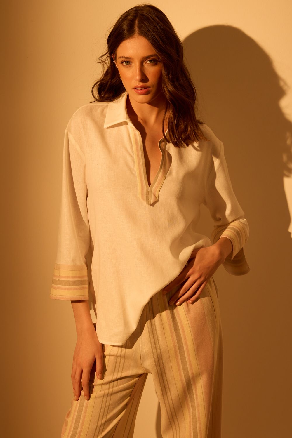 Camisa Com Linho Detalhe Listrado Luar - OFF WHITE PP - OFF WHITE