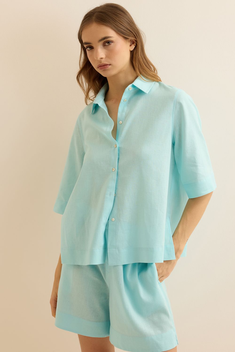 Camisa Com Linho Nassau Mg Curta - TURQUESA P - TURQUESA Camisa Com Linho Nassau Mg Curta - TURQUESA P - TURQUESA