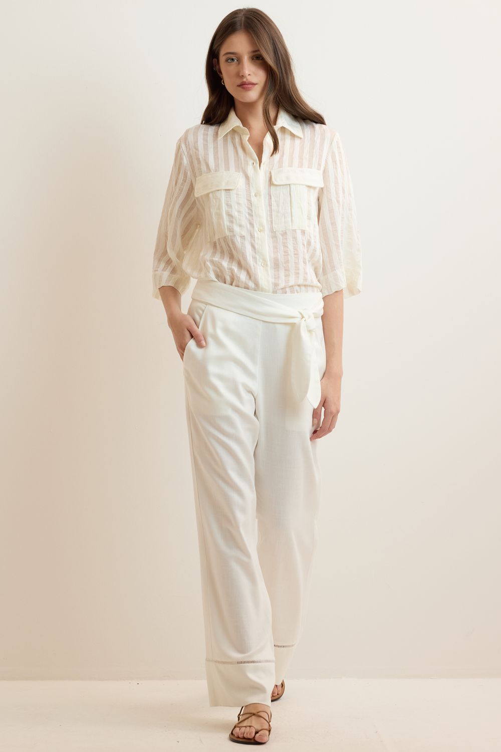 Calça Com Linho Barra Guipuir - OFF WHITE PP - OFF WHITE