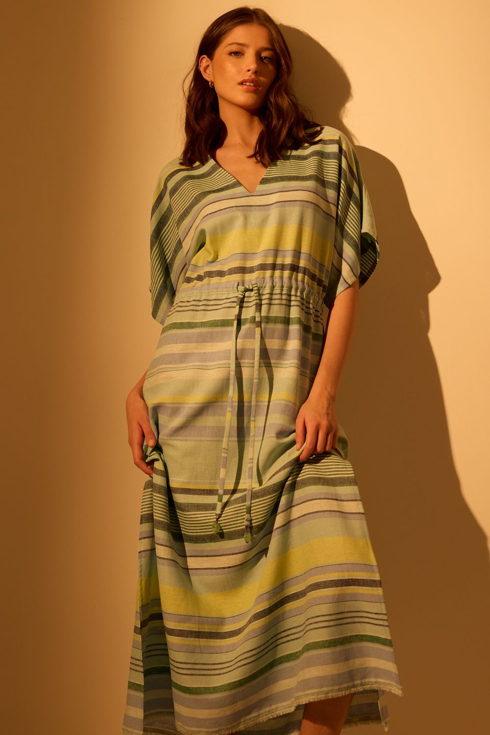 Vestido Kaftan Com Linho Listrado - TURQUESA P - TURQUESA