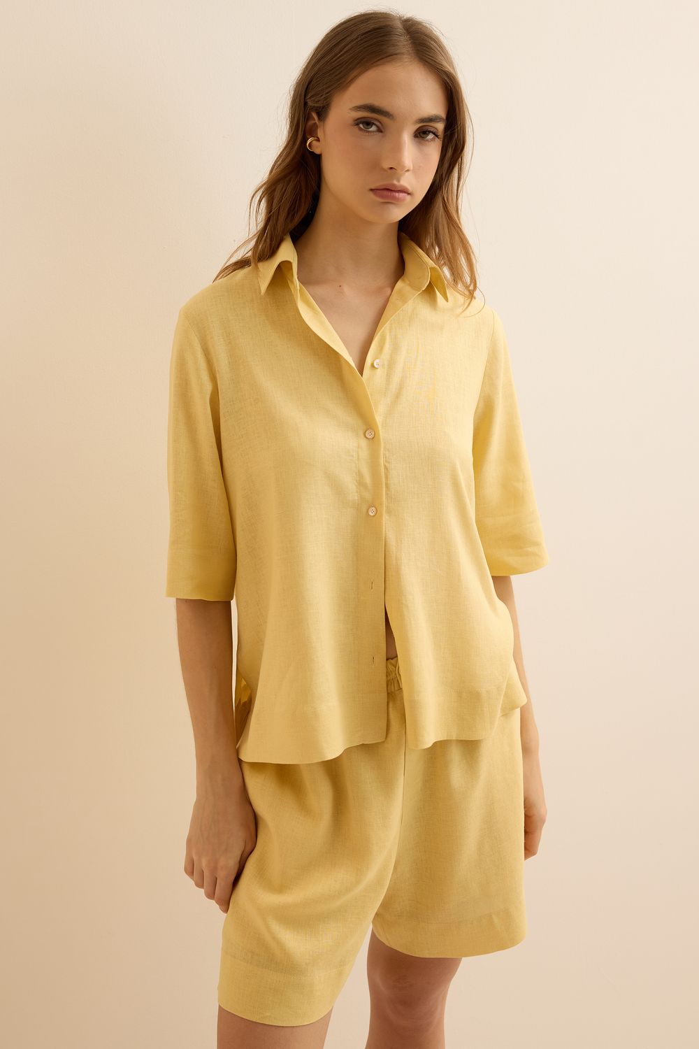 Camisa Com Linho Nassau Mg Curta - AMARELO M - AMARELO