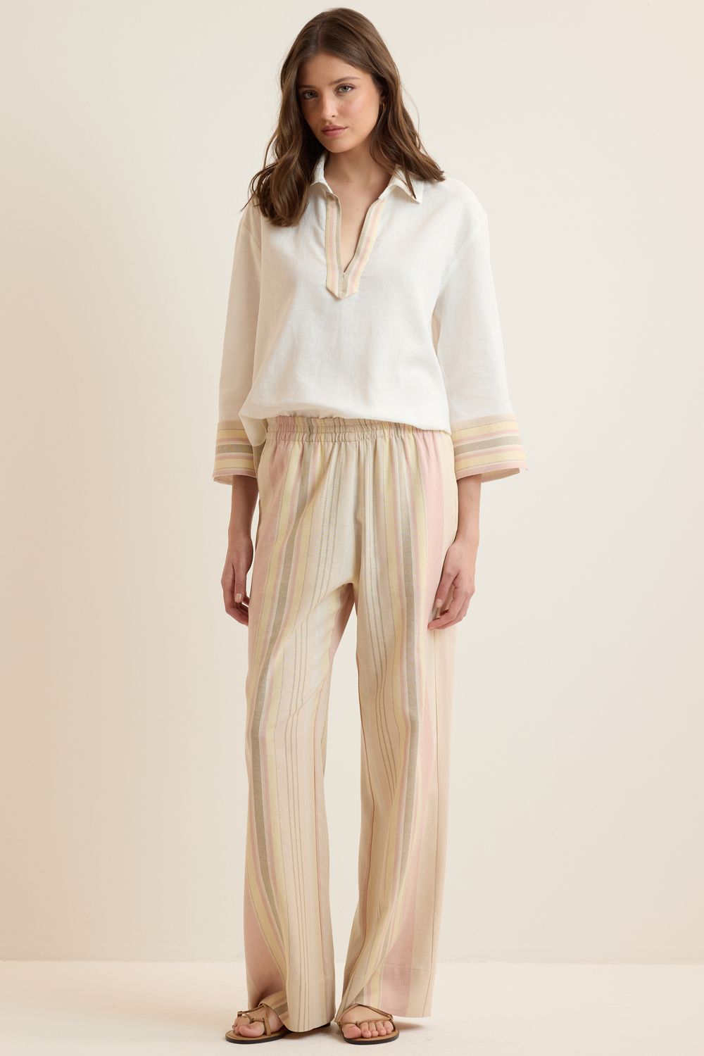 Calça Com Linho Listrada Luar - BEGE PP - BEGE