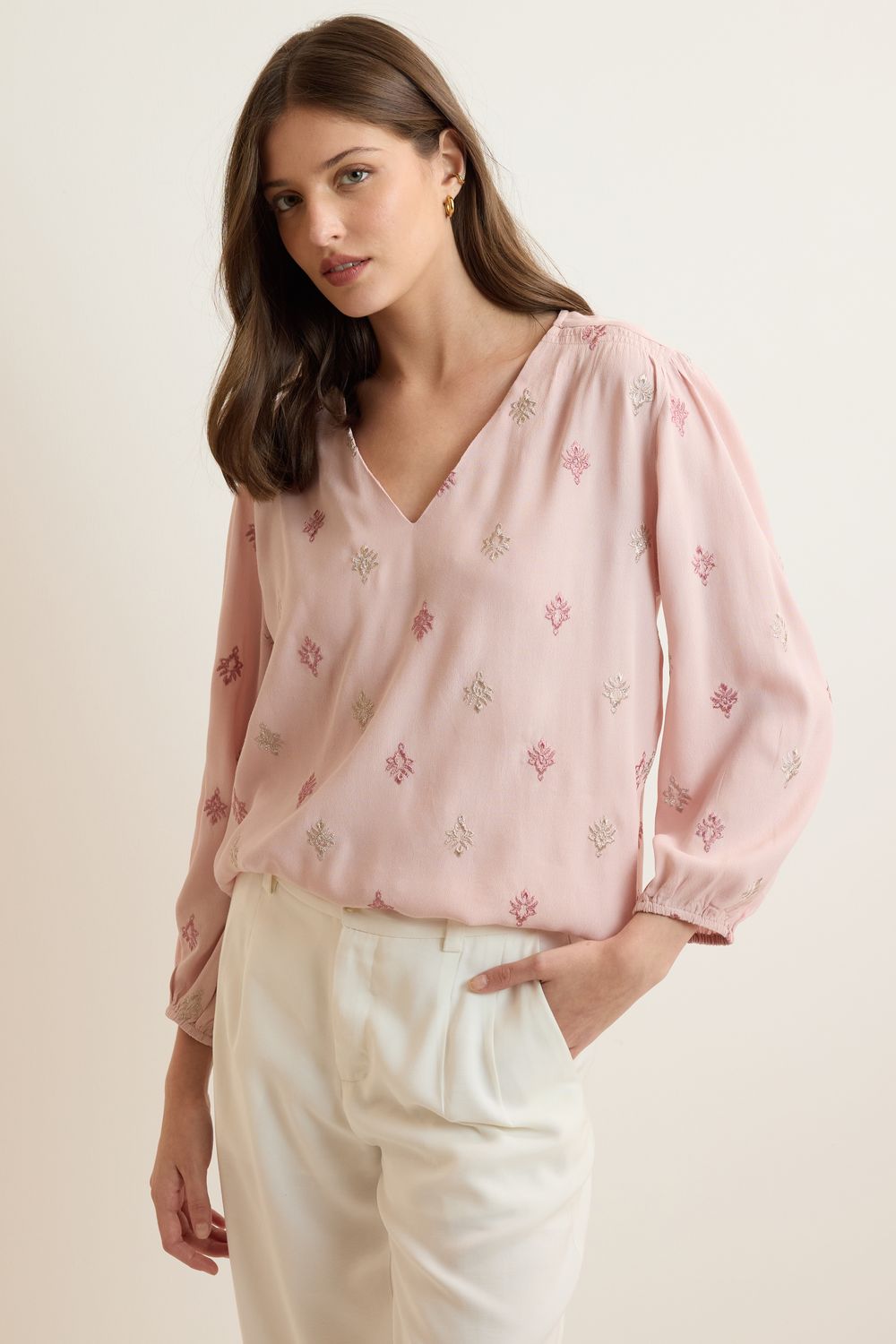 Blusa Crepe Bordada - ROSA PP - ROSA