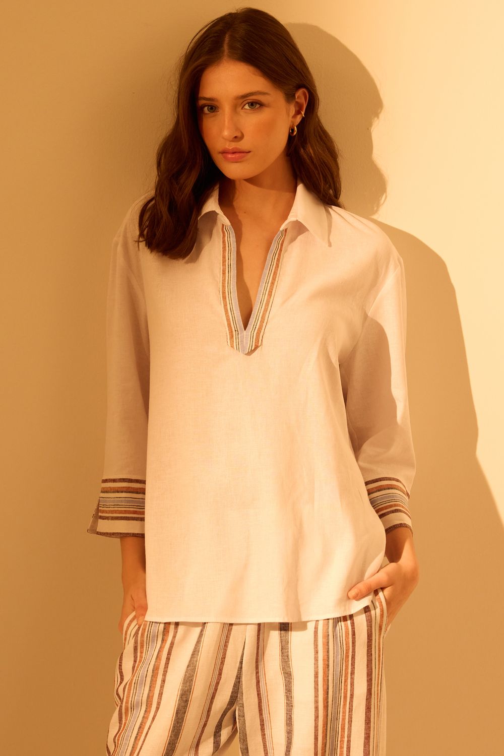 Camisa Com Linho Polo Detalhes Listra Riviera - BRANCO P - BRANCO Camisa Com Linho Polo Detalhes Listra Riviera - BRANCO P - BRANCO