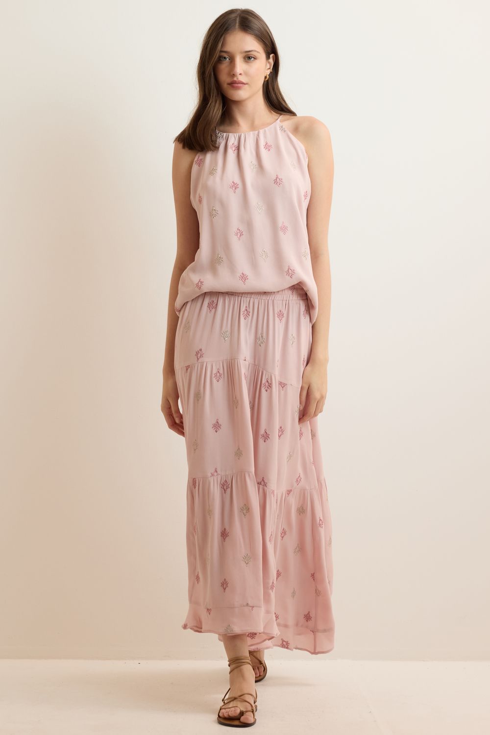 Saia Crepe Bordada Babados - ROSA PP - ROSA