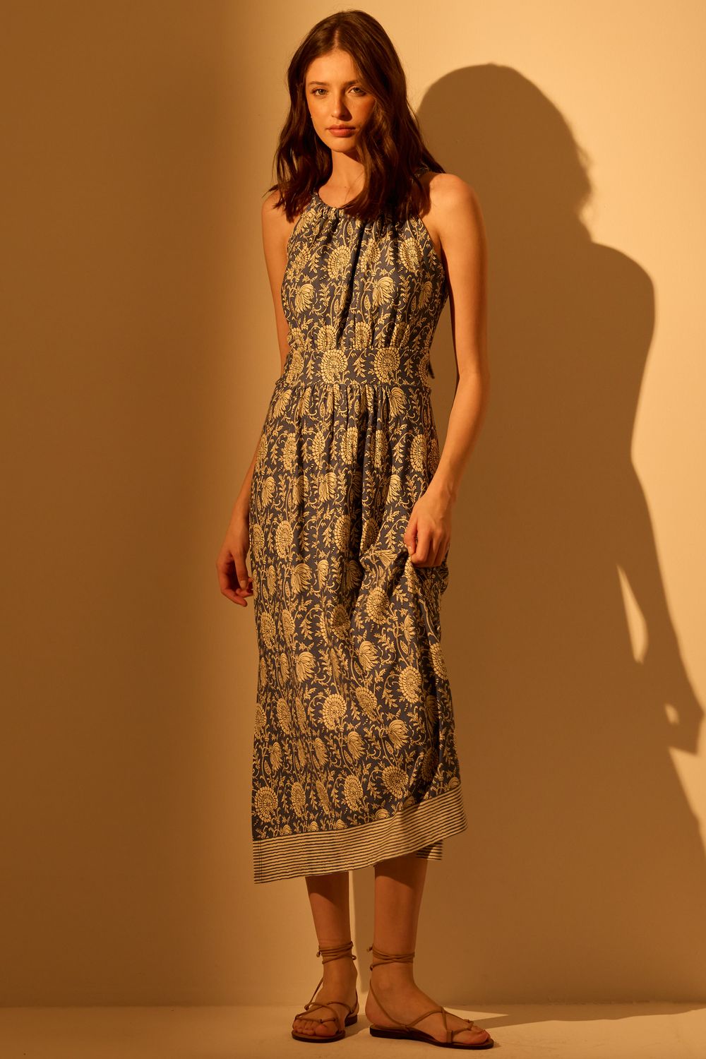 Vestido Malha Estampa Flores Barra Listrada - AZUL M - AZUL